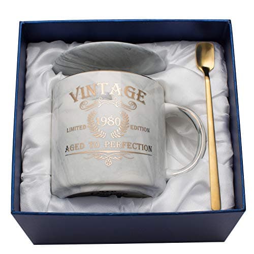 1980 40th Birthday Gifts for Women and Men Ceramic Mug - Funny Vintage 1980 Aged To Perfection - Anniversary Gift Idea for Him, Her, Mom, Dad Husband or Wife - Ceramic Marble Cups 11.5 oz (Grey)