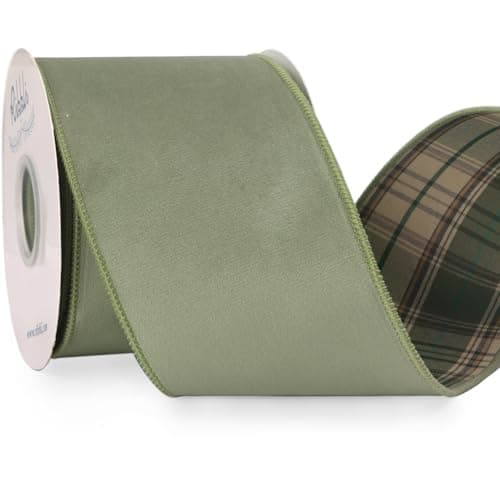 Ribbli Sage Green Velvet Wired Ribbon with Plaid Reversible 4 Inch Christmas Ribbon for Gift Wrapping Christmas Tree Decoration Crafts Wreaths Supplies-Continuous 10 Yards