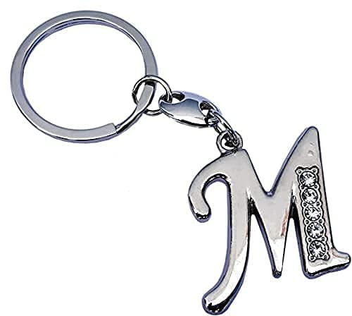 AK Store Italics Alphabet Letter Metal Keychains with Crystal Stones for Car Bike Men Women Keyrings, Silver (Italic Letter M)