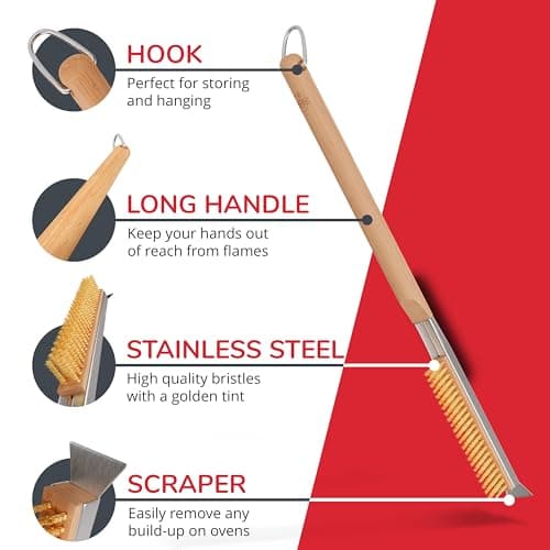 22” Pizza Oven Brush with Stone Scraper - Stainless Steel Bristles, Long Handle, Heat-Resistant - Compatible with Ooni 12 Pizza Ovens