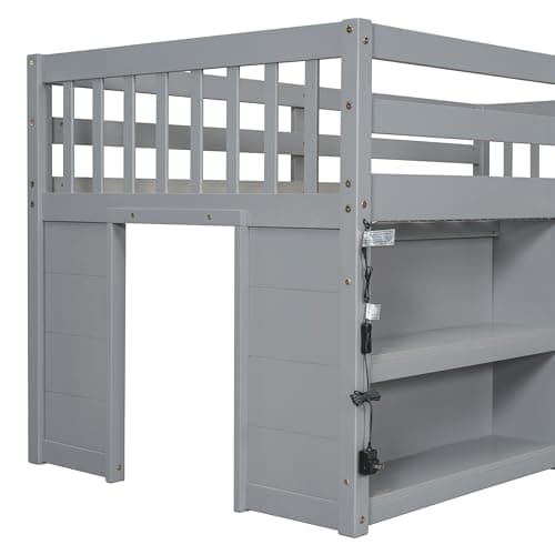 LED Twin Size Low Loft Bed, Kids Loft Bed with Storage Shelves,Twin Low Loft Bed Frame with LED Light for Kids,Boys,Girls,Grey