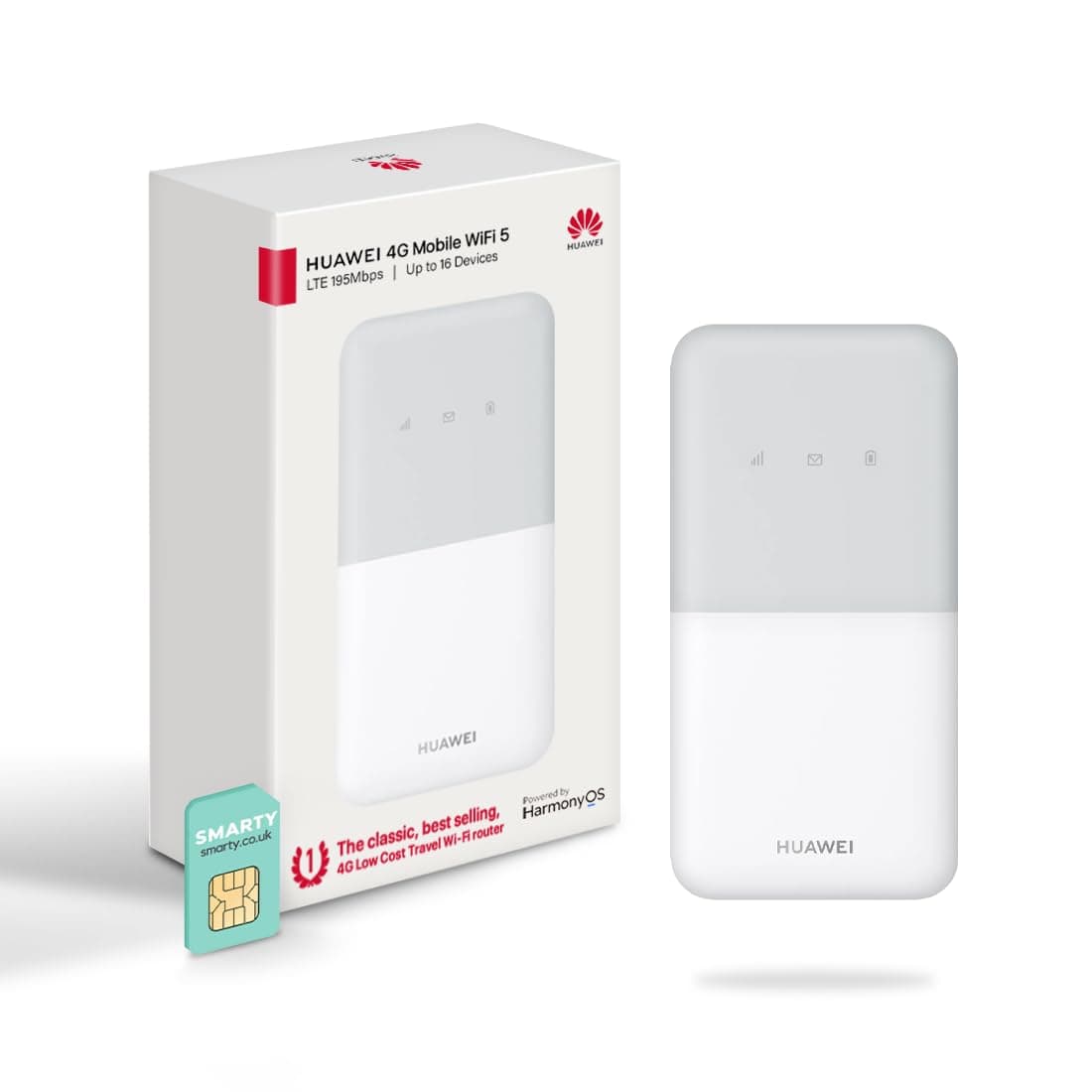 E5586, CAT 4, Portable 4G Low Cost Travel Wi-Fi, Roams on all World Networks, Genuine UK Warranty Stock, with FREE SMARTY SIM- White