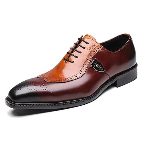 Mens Genuine Leather Dress Shoes Wing Tipped Pointed Toe Classic Brogue Oxfords Lace-Up Zip Oversized Shoes 15 Man