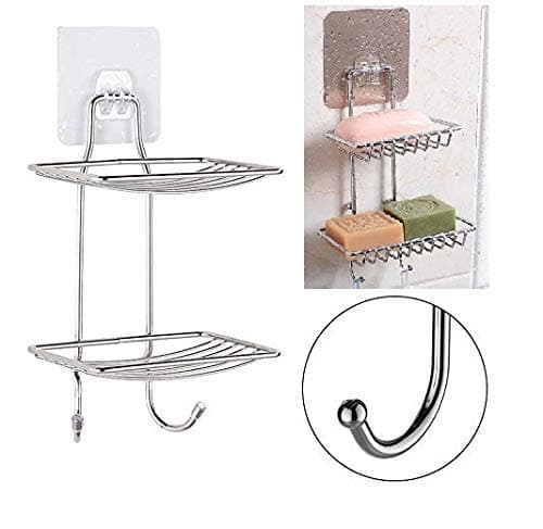 XENOTY Wall Mounted Double Layer soap Dish Holder & Dispensers, Self-Adhesive Stainless Steel Waterproof Kitchen Bathroom Soaps Storage Rack with Hook for Home