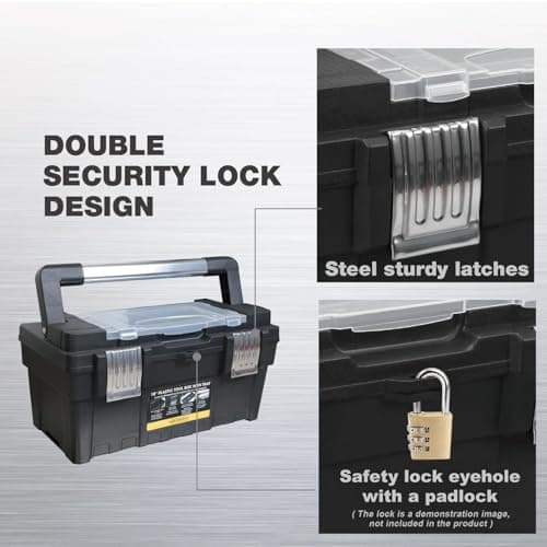 Torin 18-Inch Plastic Tool Box Organizer & Durable Tool Storage Box: Portable Removable Tray and Alum Alloy Handle Tool Box with 2 Metal Snap Lock for Enhanced Security, Black