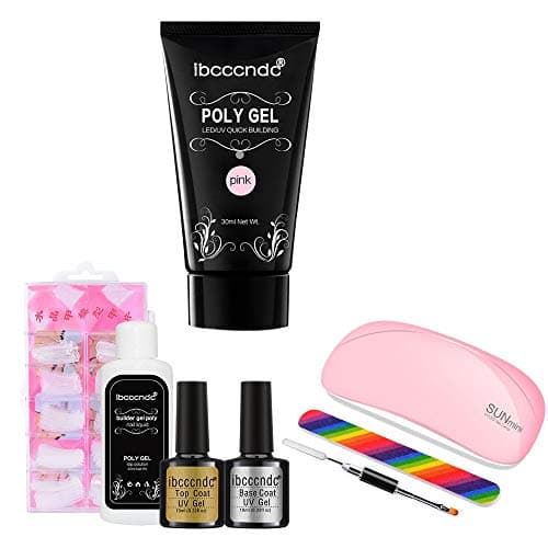 Ibcccndc Poly Nail Gel Kit Enhancement System Professional Poly Builder All-in-One Extension 8 PCS Gel Nail Set with Top and Base Gel, polygel slip solution and Nail Dryer Curing Lamp (Pink)