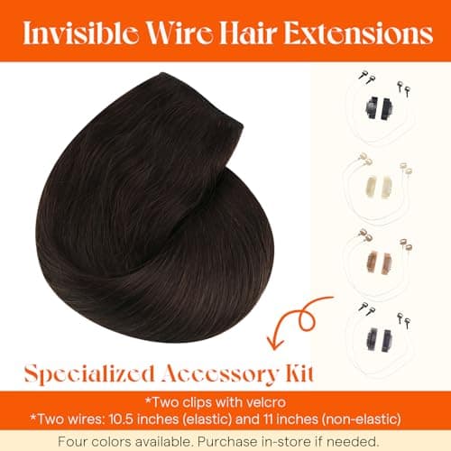 Sunny Hair Wire Hair Extensions Real Human Hair Fish Line Human Hair Extensions Invisible Wire Extensions Darkest Brown #2 20 Inch