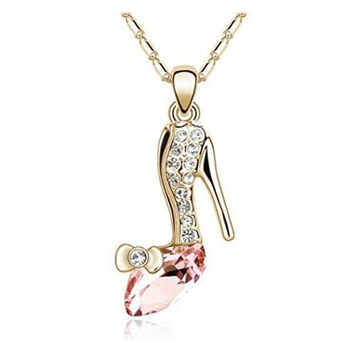 New Crystal Cinderella Charm Magic Crystal Diamond High Heel Shoes Glass Slipper Princess Pendant  Necklace (Gold Peach Red)
