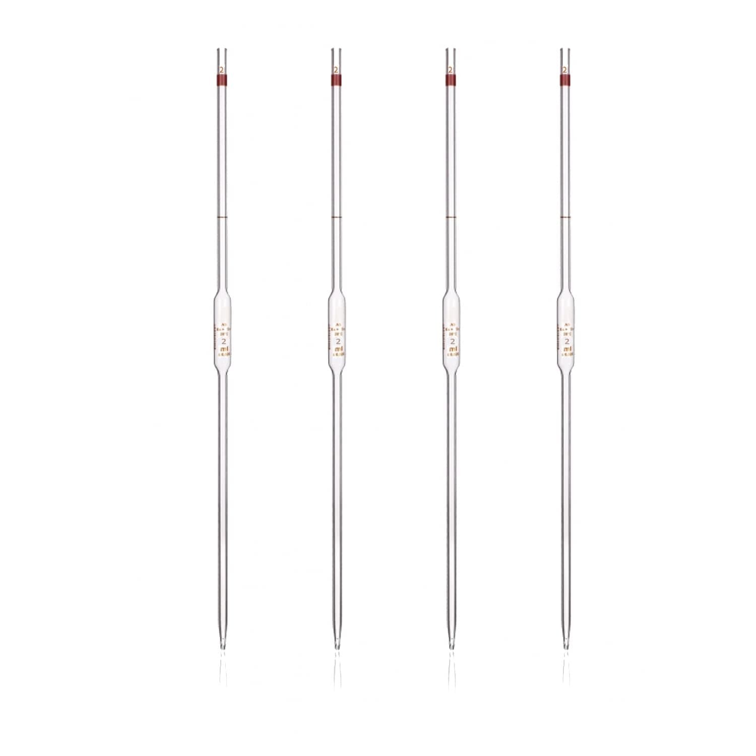 King Mariot Medical Equipments Pack of 4 Heavy Duty Borosilicate Graduated Glass Bulb 2ml Volumetric Pipette Capacity For Labware Biology Chemistry Laboratory