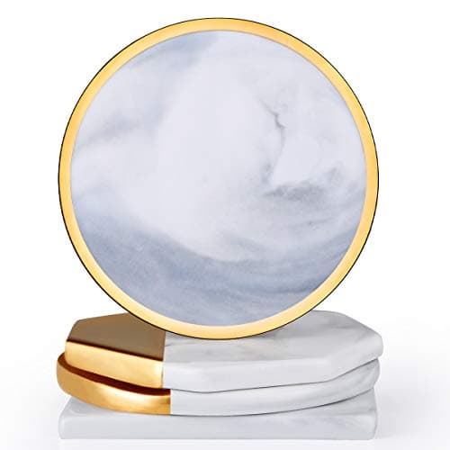 Marble Coasters Art Coasters Set of 4 Gold Edge Ceramic Absorbent Stone Drink Spills Coasters for Drinks Coffee Home Decor Classy Modern Mat Cup Pad (White)
