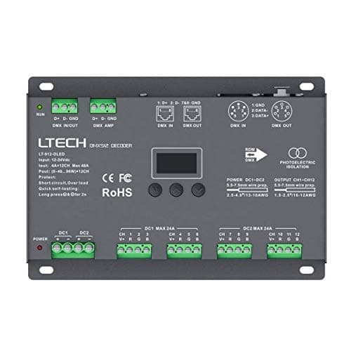 LTech LT-912-OLED 12 Channel CV DMX RDM Digital PWM Decoder 8 / 16 bit dimming for RGB & RGBW LED Lighting 12-24V DC Driver Controller 12x4A Dimmer OLED Display