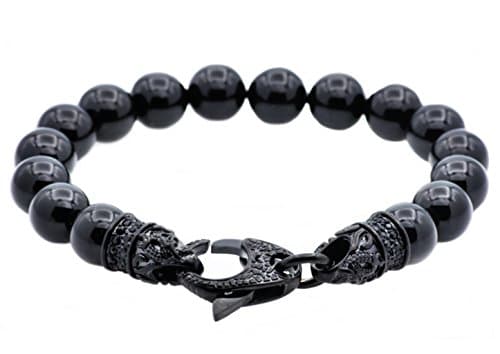 Blackjack Jewelry Men's Genuine Gemstone Stainless Steel Bead Bracelet - Black CZ Skull Lobster Clasp