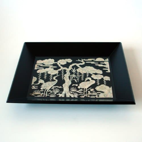 Mother of Pearl Inlay Art Lacquer Finish Bird Pine Tree Design Rectangular Handmade Black Wood Snack Tea Coffee Wine Serving Platter Tray Plate