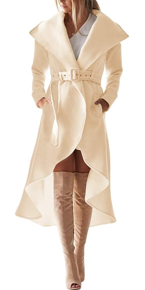 Women's Winter Wool Trench Coat Wrap Large Collar High Low Jacket Outwear with Belt