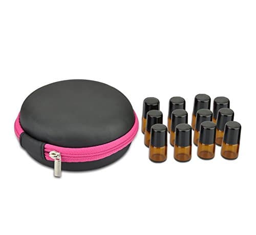 Round Hard Shell Case for 1/4 5/8 DRAM Micro Mini Roll-on Glass Bottles with Metal Roller Balls - Refillable Aromatherapy Essential Oil Roll On (HOLDS 12 VIALS) (Brown bottle)