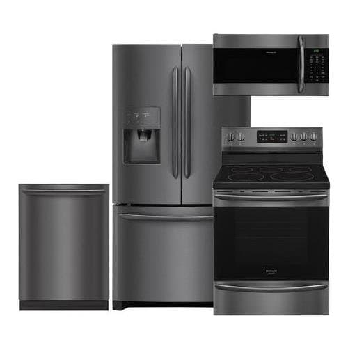 Frigidaire Black Stainless Steel Kitchen Package with FGHB2868TD 36 French Door Refrigerator, FGEF3036TD 30 Electric Range, FGID2466QD 24 Dishwasher and FGMV176NTD 30 Microwave