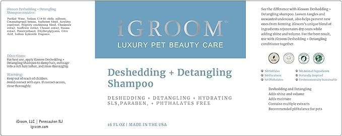 iGroom Deshedding & Detangling Dog Shampoo, Luxury Pet Beauty Care, Loosen Tangles + Unwanted Undercoat, Adds Shine + Volume, Made in USA (16 OZ)