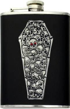 8oz "Skull Heads" Coffin Charm Black Genuine Leather Flask
