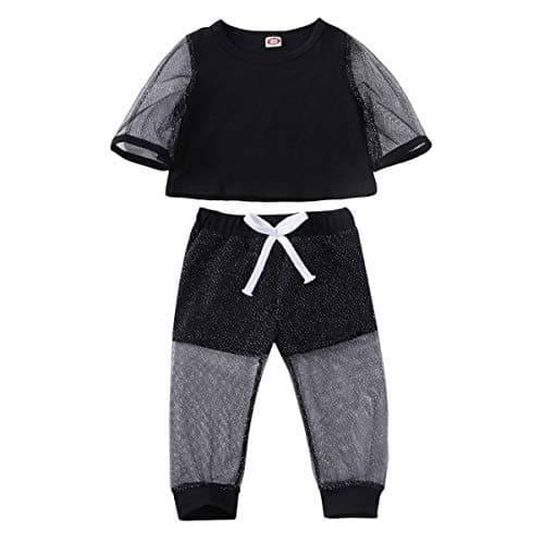 Toddler Baby Girl Clothes Set Mesh Flare Short Sleeve Crop Top T-Shirts Pants Casual Tracksuit 2PCS Outfits Set