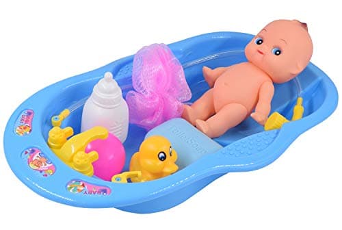 Baby Doll Bath Time Set, Boys Pretend Play Bath Tub Toys Games for Kids Toddlers Christmas Birthday Gift - Featuring 6" Doll, Bathtub, Small Mesh Pouf, Soap, Milk Bottle, Duck, Plastic Ball - Blue