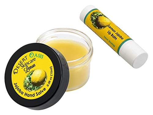 Jojoba Oil Lemon Travel Size Hand Salve and Lip Balm, all natural, cold pressed and undeoderized jojoba oil and mildly scented with Lemon, Salve (0.5 oz/15 gm) Lip balm (.15 oz/4.6 gm) 2 units
