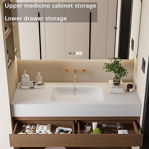 Floating Bathroom Vanity with Sink - Modern Bathroom Vanity | Includes Smart Defogging Medicine Cabinet | Multi-Layer Solid Wood | Wall Mount (Yellow, 80 in)