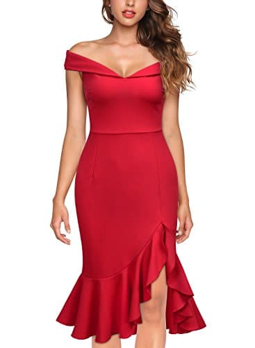 Knitee Women's Vintage Off Shoulder V-Neck Evening Party Cocktail Ruffles Slit Formal Dress Red