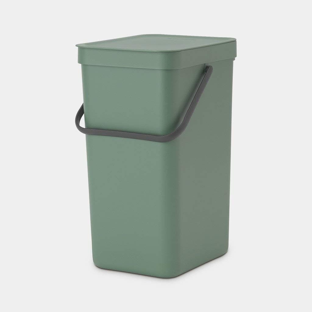 Brabantia Sort & Go Kitchen Recycling Bin (16 L / Fir Green) Stackable Waste Organiser with Handle & Removable Lid, Easy Clean, Fixtures Included for Wall/Cupboard Mounting