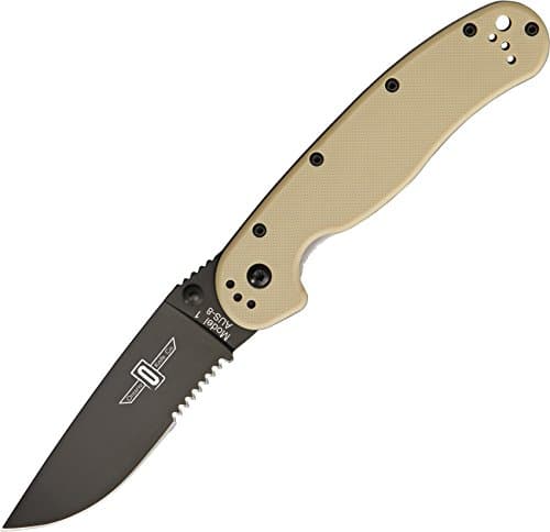 Rat I, Black Coated AUS-8 Stainless Steel Half Serrated Folding Pocket Knife, Desert Tan Nylon Handle Liner Lock Knife, Everyday Carry Knife – ON8847DT