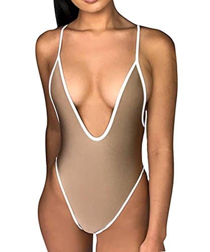 Women's Sexy Deep V Neck One Piece Bikini Monokini Swimsuit Side Slit Backless Bathing Suits (M, Coffee)