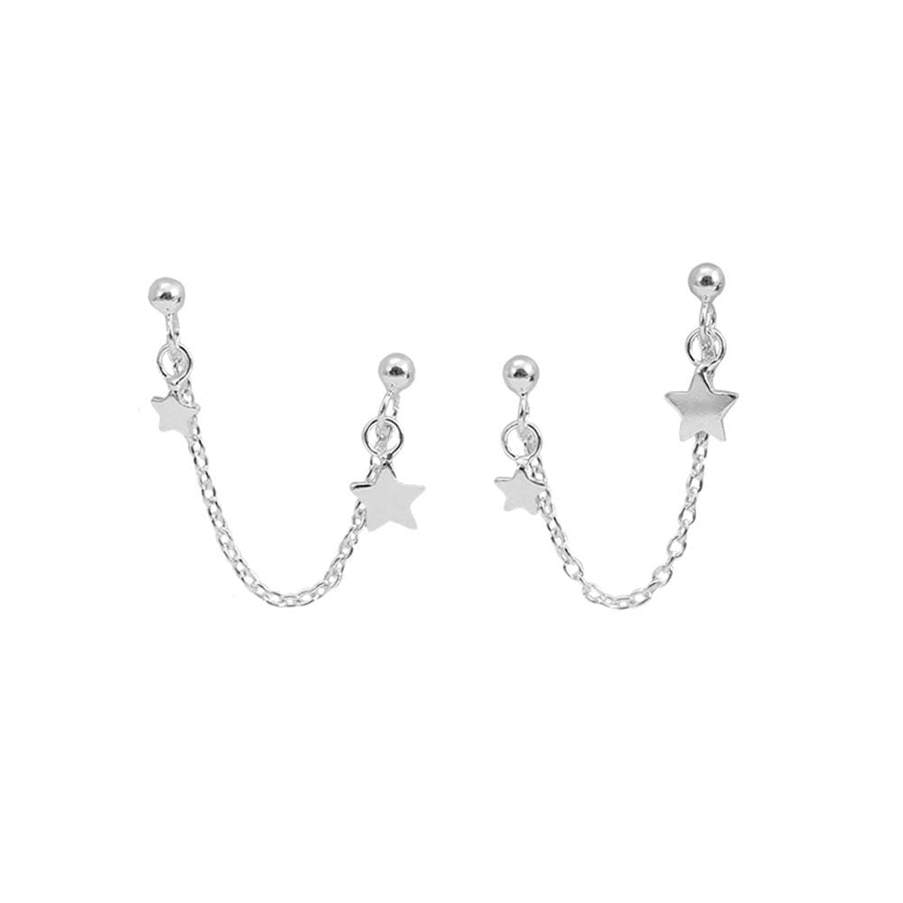 DtjaStar Double Piercing Tassel Chain Drop Dangle Cartilage Ball Bead Stud Earrings for Women 925 Sterling Silver Double Stars 2 Hole Helix Tragus Post Pin Fashion Cute Birthday Christmas Easter Jewelry