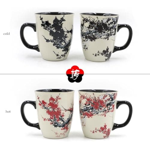 Plum Blossom : Asmwo Color Changing Heat Sensitive Magic Funny Morning Coffee/Tea Porcelain Gift Plum Blossom Gift Mug for Mom, 16oz, Black Change Glow Red