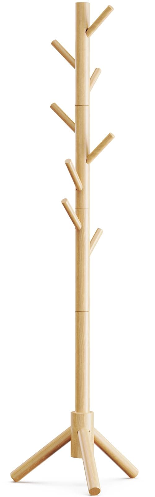 Pipishell Coat Rack Sturdy Wooden Coat Rack Stand, Adjustable Coat Tree, Free Standing Tree Hanger with 4 Sections & 8 Hooks, for Home/Bedroom/Office/Hallway/Entryway