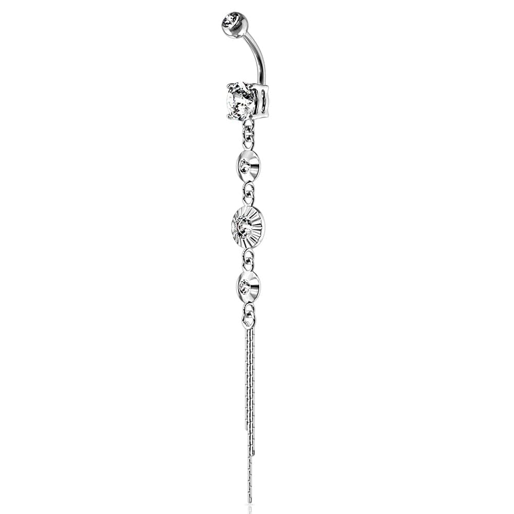 Pierced OwlCZ Centered Crystal Drop Chain Dangling Belly Button Ring in 316L Stainless Steel (Clear)