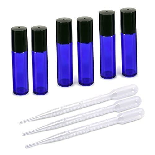 6 x 10ml Cobalt Empty Refillable Metal Roller Ball Roll on Glass Bottles Set/Kit with Dropper Pipettes and Free Transfer Funnel Cosmetics Containers for Fragrance Essential Oil, Aromatherapy Oil, Scented Serum, Lotion, Treatment and More (6 Bottles, 3 Pipettes, 1 Funnel) - Blue Colour