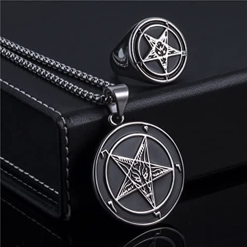 Jewelry Set Ring Necklace Set Baphomet Goat Pentagram Satan Symbol Stainless Steel Both Sided Pendant Chain (8)