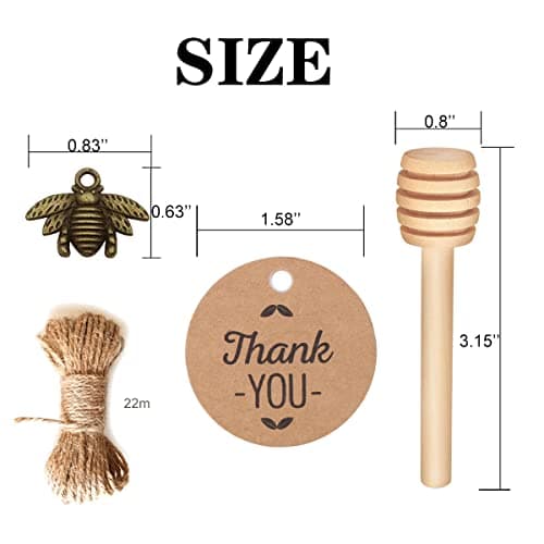 40-Count 1.5 oz Mini Hexagonal Glass Honey Jars - Small Honey Jars with Wooden Dippers, Bee Charms, Thank You Cards and Jutes - Honey Jars with Gold Lids for Baby Shower, wedding and Party Favors