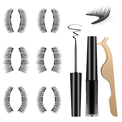 Magnetic Lashes with Magnetic Eyeliner, 3D Natural Silk False Eyelashes, Waterproof Liquid Eyeliner, Magnetic Eyeliner and Lashes with Tweezers kit for Eyelash Extensions No Glue Needed (6 Pairs)