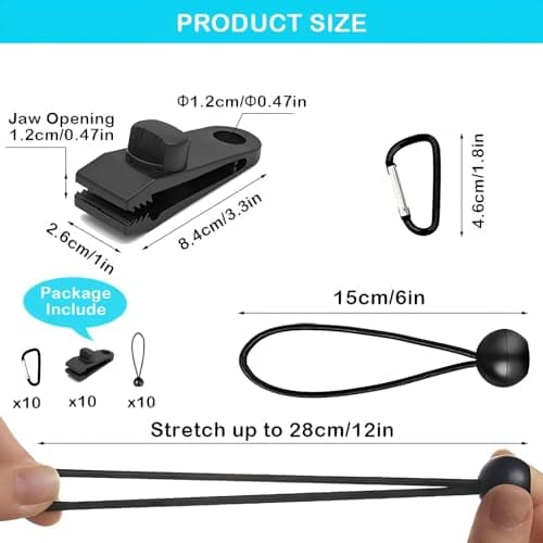 Langaelex 30-Piece Heavy Duty Camping Kit - Tarp Clips, Bungee Cords & Carabiners for Outdoor, Caravan, Tent Accessories (10 Clips +10 Cords +10 Carabiners)