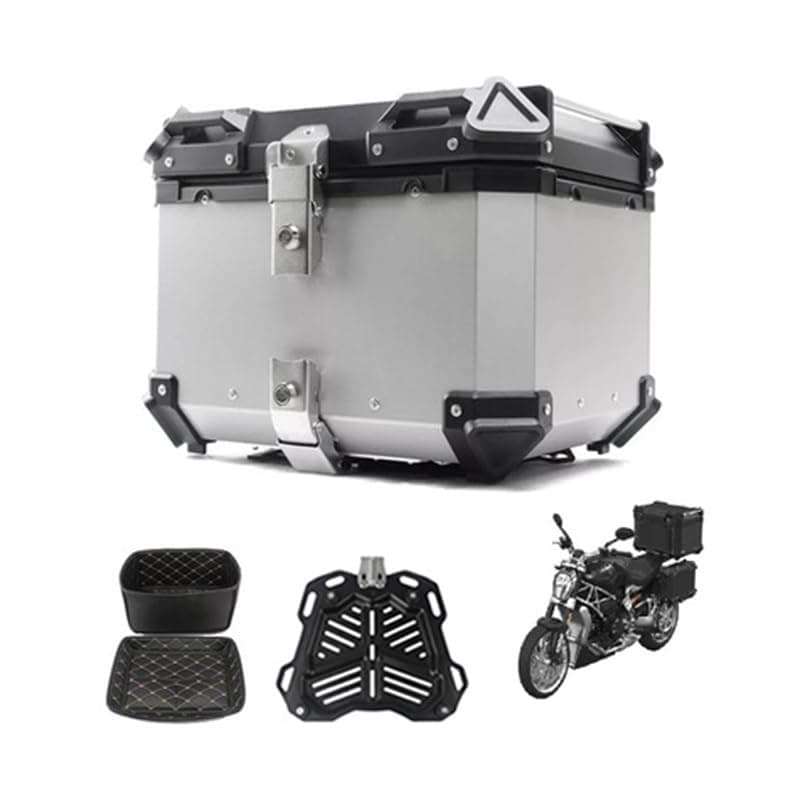 Aluminum Motorbike Tail Box Trunk Waterproof Scooter Rear Top Box, Top Case for Store Helmet Large Luggage, 36L 45L 55L 65L with Security Lock(Silver,65L)