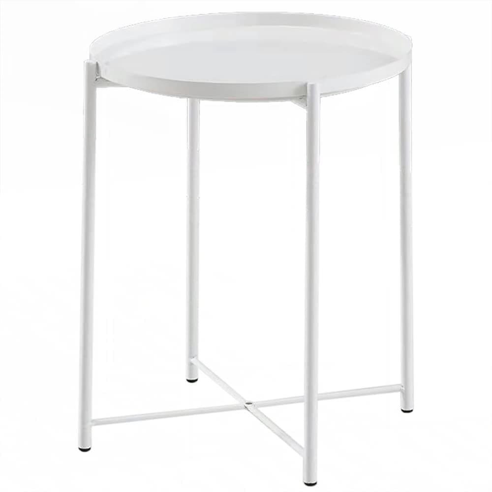 Round End Table, Nordic Style Simple Coffee Table, Sofa Side Table, Metal Waterproof Small End Table with Removable Tray, Easy to Assemble for Living Room Bedroom Balcony Office (White, 1 Layer)