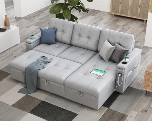 84 Inch Sleeper Sofa Bed, Tufted Pull Out Sofa Bed with 2 USB Ports & Cup Holders, L Shape Sectional Sofa Bed with Storage Chaise- Light Grey