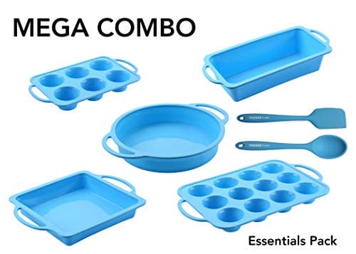 7 Pc Silicone Baking Pan Set, 5 Baking Pans, BONUS Silicone Utensils. Non Stick Silicone Baking Molds with reinforced frame for strength of a metal baking pan but flexibility of silicone.