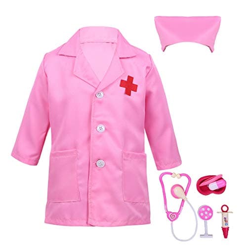 iiniim Kids Boys Girls White Lab Coat Nurse Doctor Uniform Role Play Dress up Costumes with Medical Knit Play Tools Set Pink Kit Set 3-4