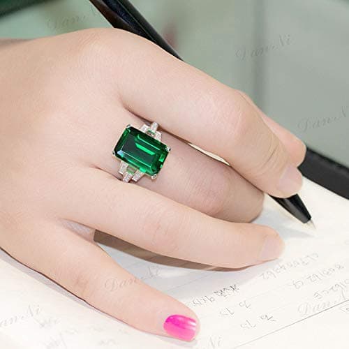 Xiaodou Women's 5ct Birthstone Solitaire Engagement Ring Emerald Cut Created Green Emerald 925 Sterling Silver Engagement Wedding Ring (9)