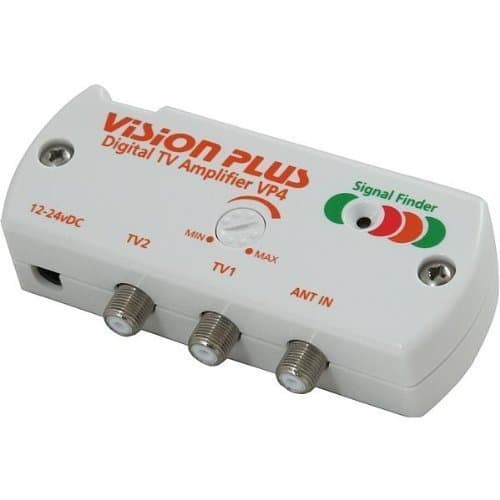 VP4 12v 2 Way Digital TV Amplifier Signal Distribution Booster with Built in Signal Finder and Variable Gain Ideal for Caravan, Motorhome, Boat