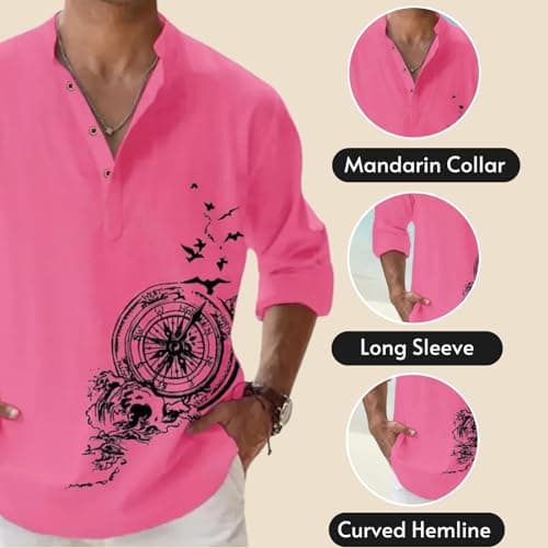 DEELMO Men's Cotton Blend Long Sleeve Casual Short Kurta