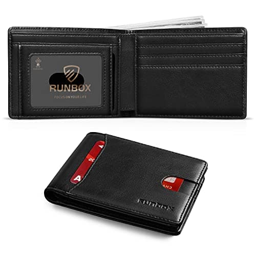 RUNBOX Wallet for Men Slim 11 Credit Card Holder Slots Leather RFID Blocking Small Thin Men's Wallet Bifold Minimalist Front Pocket Large Capacity Gift Box, 1 oil black, small, Minimalist