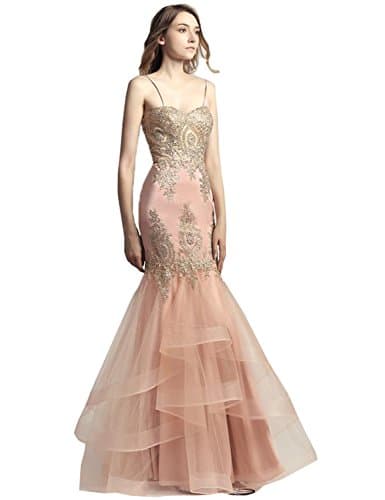 Sarahbridal Women's Formal Long Prom Dresses Spaghetti Straps Rhinestone Evening Maxi Gowns Blush US4