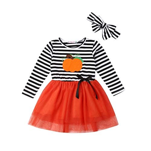 Toddler Girl Dresses Long Sleeve Pumpkin Striped Tulle Dress Skirts with Headband Outfits Sets 2-3T
